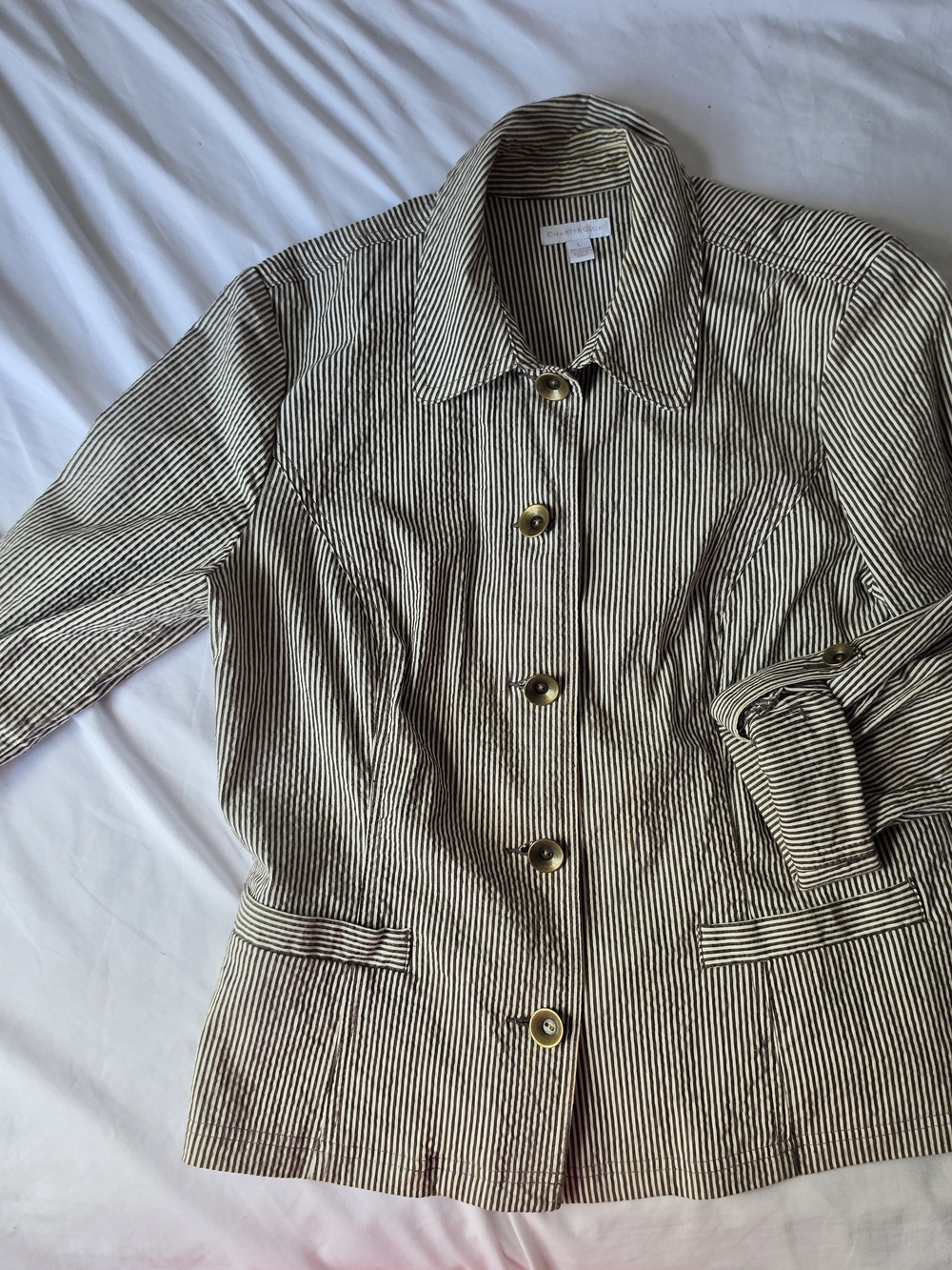 Y2K Charter Club Seersucker Brown & White Striped Jacket Roll Tab Sleeve Size L